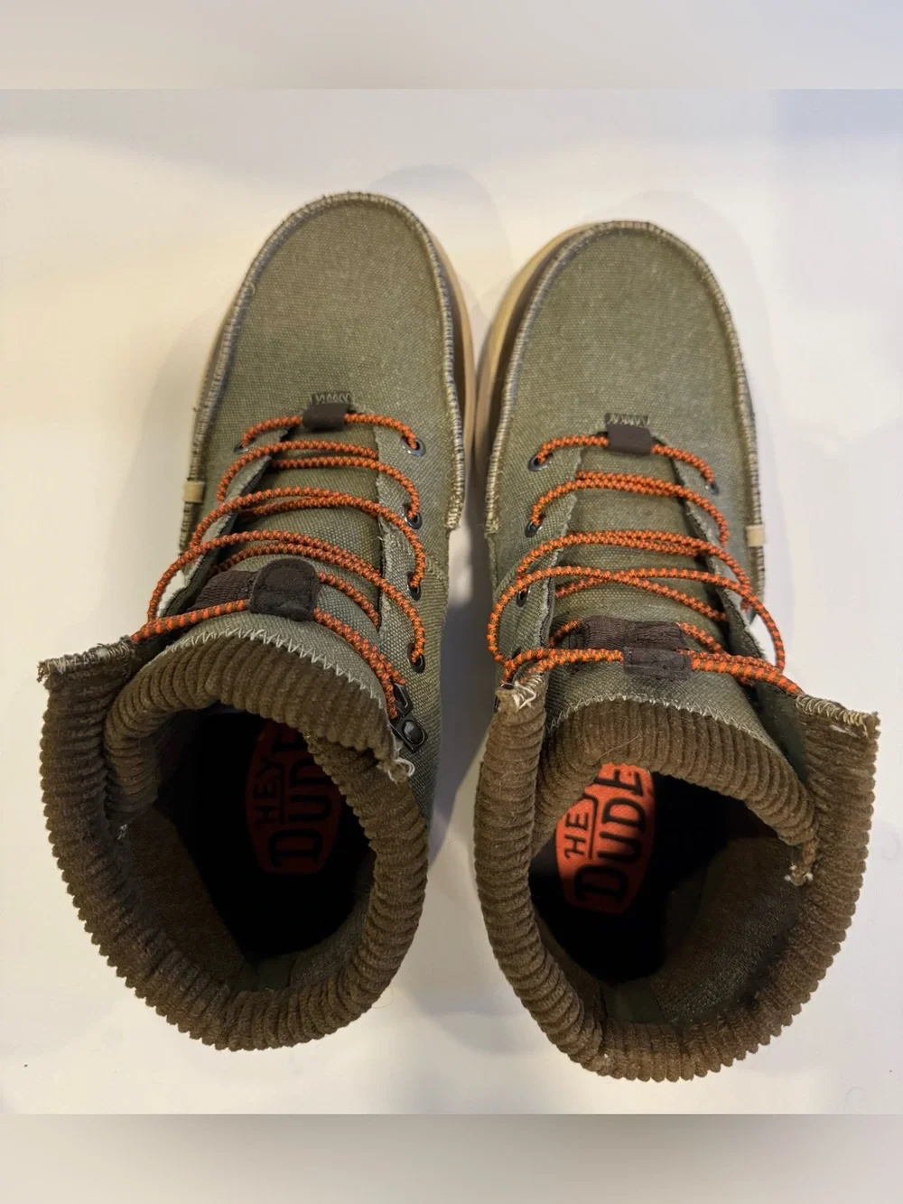 HEYDUDE 11 New Bradley Corduroy Olive Canvas Brown Leather Orange Laces Boots